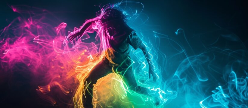 Colorful light streaks forming the silhouette of a dancer resembling Michael Jackson.
