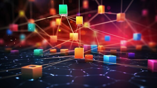 Distributed ledger technology: blockchain network concept with computer connection on colored background