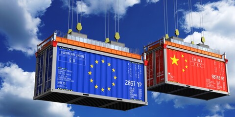 Shipping containers with flags of European Union and China - 3D illustration - obrazy, fototapety, plakaty