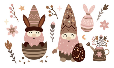 Boho Easter clipart with easter gnome, easter egg, plants in cartoon flat style. Perfect for scrapbooking, stickers, tags, greeting cards, party invitations, decor. Vector illustration.