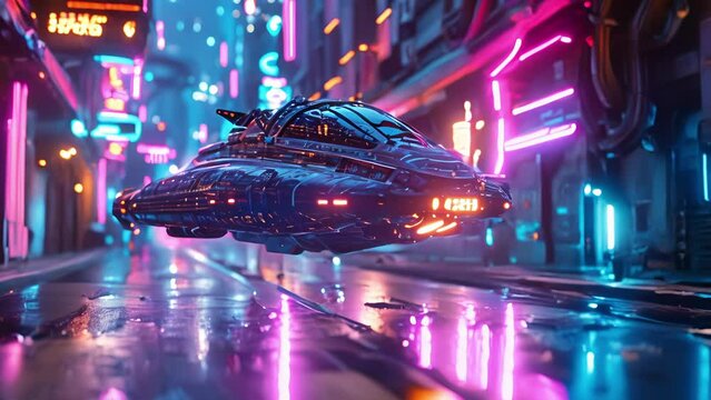 A neonlit hovercraft flying over the bustling streets of the metropolis its neon lights leaving a trail behind it.