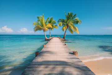 A wooden pier extending into the ocean, lined with palm trees.