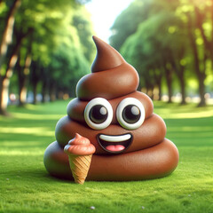 Cheerful PIle of Poop Emoji Character Enjoying the Park