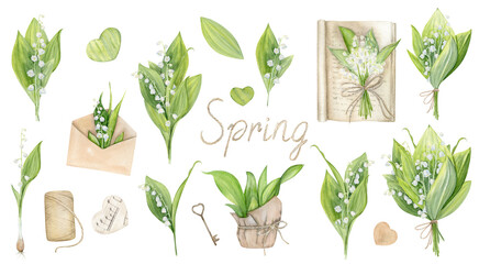 Hand Drawn Watercolor Of Lily Of The Valley Clipart Set