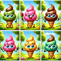 Whimsical colourful rainbow Pile of Poop Characters Enjoying Park Fun