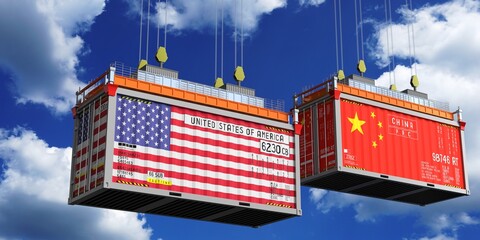 Shipping containers with flags of USA and China - 3D illustration