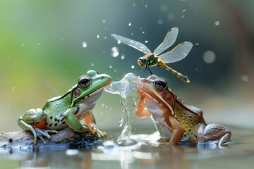 Two frogs catching dragonflies