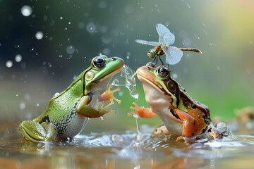 Two frogs catching dragonflies