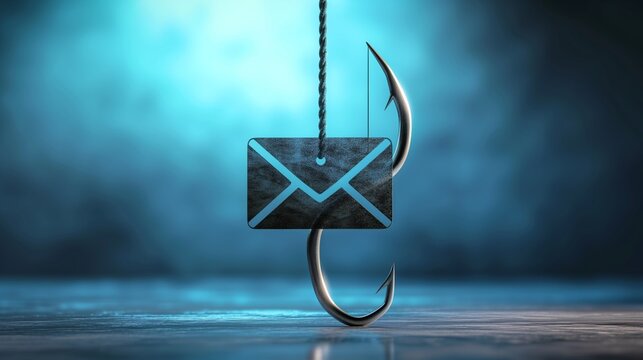 Phishing Awareness A conceptual image of a fishing hook disguised as an email icon, warning viewers about the dangers of falling for phishing scams and fraudulent emails