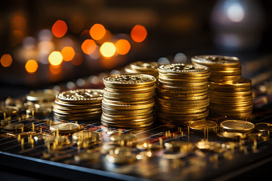 coins on a black background.
Stacks of golden coins on a circuit board with bokeh lights. Advertising crypto coins and courses about money and investors