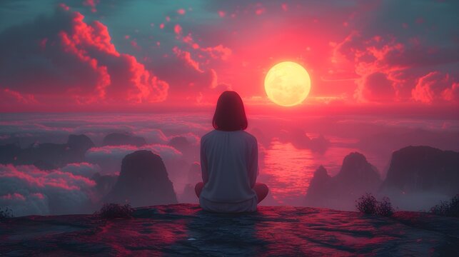 A girl is sitting on the mountain and watching the sunset. Illustration in flat anime style. She is enjoying the summer trip and looking at the beautiful horizon on the sea. - Powered by Adobe