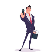 Elegant Spy special secret agent cartoon character holding gun and case, aims at you