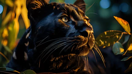 Foto op Plexiglas Intense gaze of a black panther in the wild at dusk © Yuliia