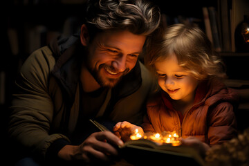 Father and child sharing a magical story time moment