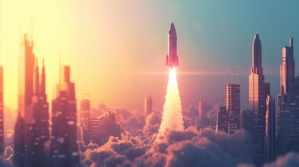 Rocket Launch, A sleek rocket blasts off from a bustling cityscape, leaving a trail of smoke and representing the explosive growth potential of innovative businesses - obrazy, fototapety, plakaty