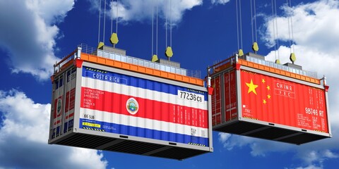 Shipping containers with flags of Costa Rica and China - 3D illustration
