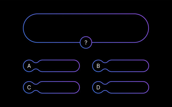 Quiz test game template. Multiple choice questions. Used in answer shows on TV and social media. Vector gradient design on black background.
