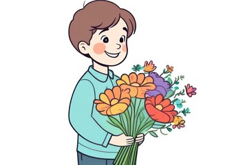 The boy is holding flowers in his hands.