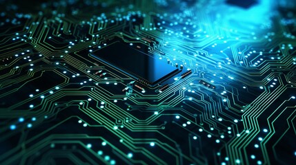 Obraz premium Abstract digital network technology on blue and green background - 3d illustration of integrated circuit board for a futuristic tech atmosphere