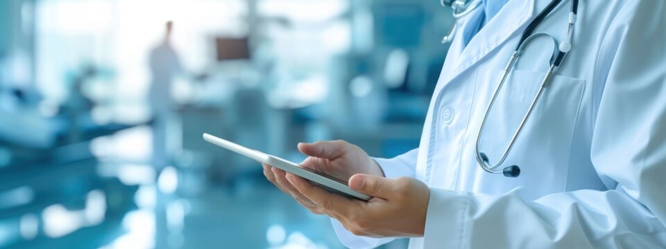  Doctor in a lab coat using a tablet in a hospital setting, showcasing technology in healthcare. Generative AI