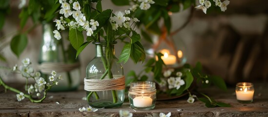 Green leaves and white flowers decorate small glass jars and candleholders with macrame covers, adding a boho touch to home decor and serving as wedding accessories.