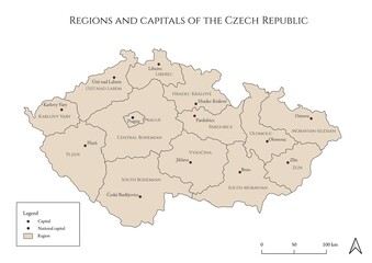 Political map of regions and capitals of the Czech Republic- mapped in an antique and rustic style