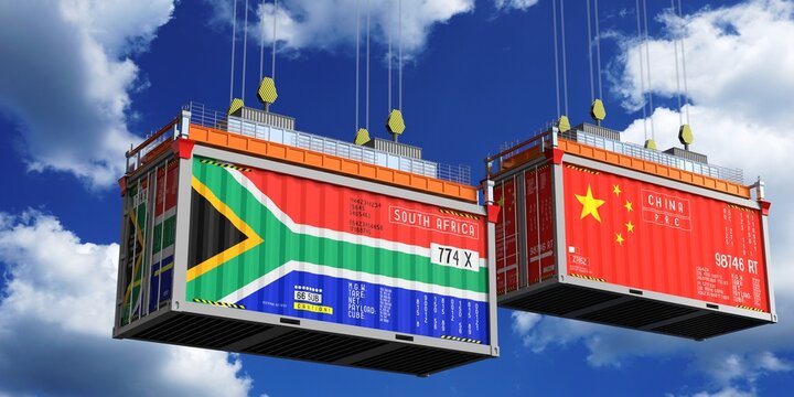 Shipping containers with flags of South Africa and China - 3D illustration