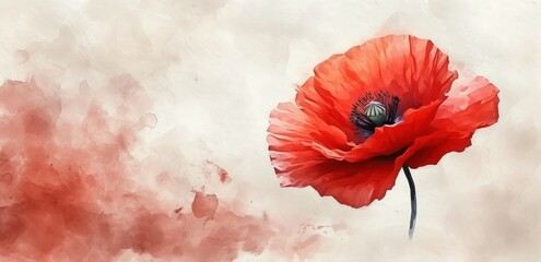Remembrance day symbol. Anzac Day. Red watercolor poppy. Horizontal banner template
