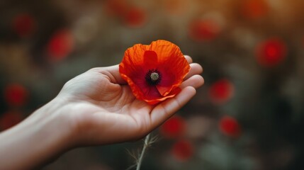Hands holding red poppy flower. Anzac day, Remembrance day concept.