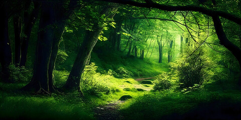 Beautiful green summer forest. Spring background. Generative AI.