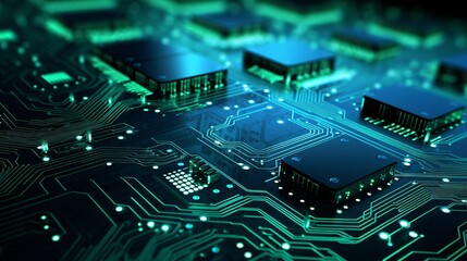 Abstract digital network technology on blue and green background - 3d illustration of integrated circuit board for a futuristic tech atmosphere