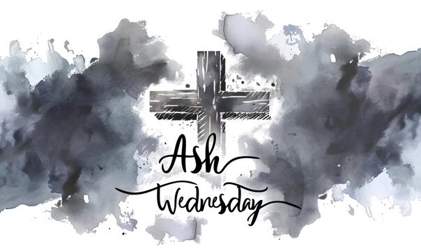 Ash Wednesday - calligraphy lettering with abstract cross on watercolor painted background. Religious holiday concept background.