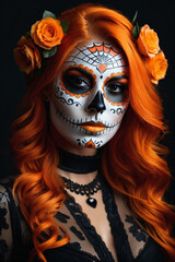 Beautiful sugar skull woman with orange hair and orange make-up on dark background