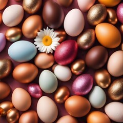 Background, eggs and color for holiday, vacation and easter season with color, chocolate and celebration. Flowers, banner and decoration in abstract for creative wallpaper, advertisement and art