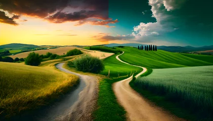 Foto auf Acrylglas Beautiful Italian summer rural landscape  Countryside Panorama of summer green field with dirt road and Sunset cloudy sky. Generative AI. © mfz
