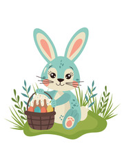 Cute Easter bunny holding a basket with eggs and Easter cake. Flat cartoon character for Happy Easter greeting card, invitation, sticker, web design, Easter banner.