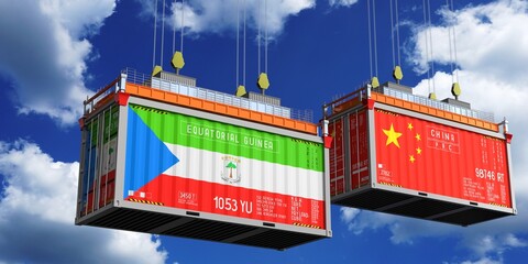 Shipping containers with flags of Equatorial Guinea and China - 3D illustration