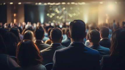 Rear view of people in audience at the conference hall, Speaker giving a talk in conference hall at business event.