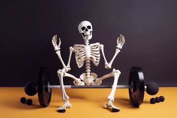 Skeleton training in gym, funny skeleton with barbell, funny fitness challenge