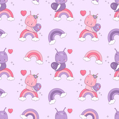 Fototapeta premium Seamless pattern with enamored snail girl and boy on rainbow. Funny kawaii insect on purple background. Vector illustration in trendy retro style. romantic valentine backdrop.