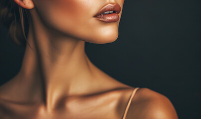 Detailed shot of pretty woman lips neck and jaw line - obrazy, fototapety, plakaty