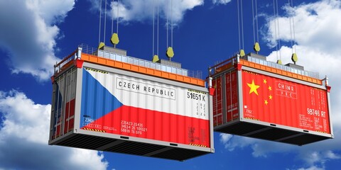 Shipping containers with flags of Czech Republic and China - 3D illustration