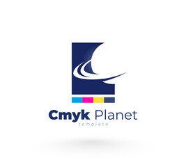 Logo Print Сmyk Polygraphy theme. Planet and rings ink. Template design vector.