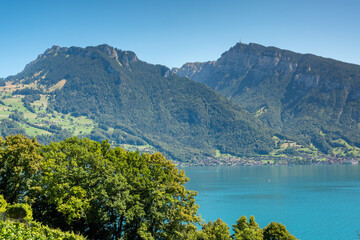 Fototapeta na wymiar Lake Thun (Thunersee) is an Alpine lake in the Bernese Oberland in Switzerland.