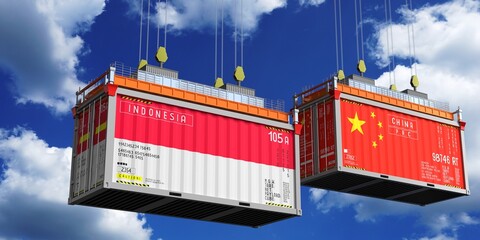 Shipping containers with flags of Indonesia and China - 3D illustration