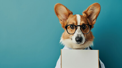 Welsh Corgi dog dressed as a vet doctor with glasses, holding a blank sign mock-up on blue background with copy space for text, template for veterinary clinic message or pet health and care advice - obrazy, fototapety, plakaty