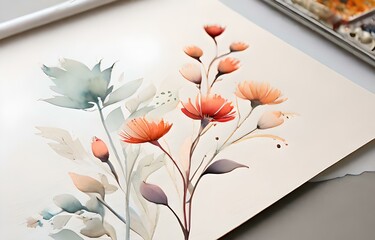 watercolor flower painting portrait on wooden table