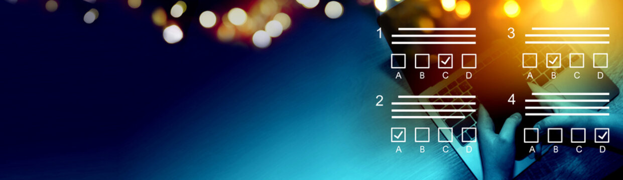  E-learning, education, online exam concept.Choose correct answer. Education internet online digital technology concept.