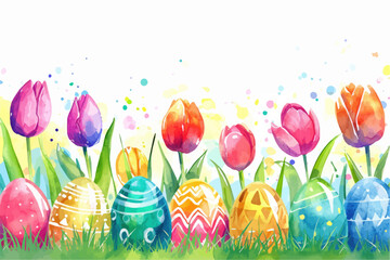 Easter basket with eggs and bunny decorated with flowers. Happy easter