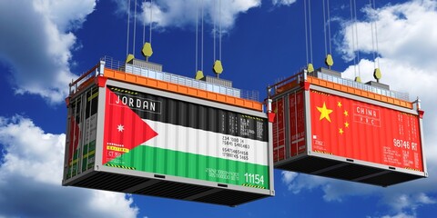 Shipping containers with flags of Jordan and China - 3D illustration